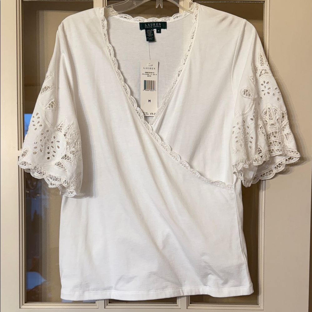 NWT Lauren size Medium. White Eyelet Sleeve Wrap Blouse